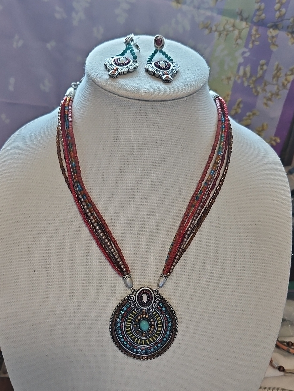 Chico's Multistrand Beaded Necklace & Earring Set - Turquoise & Red NWT